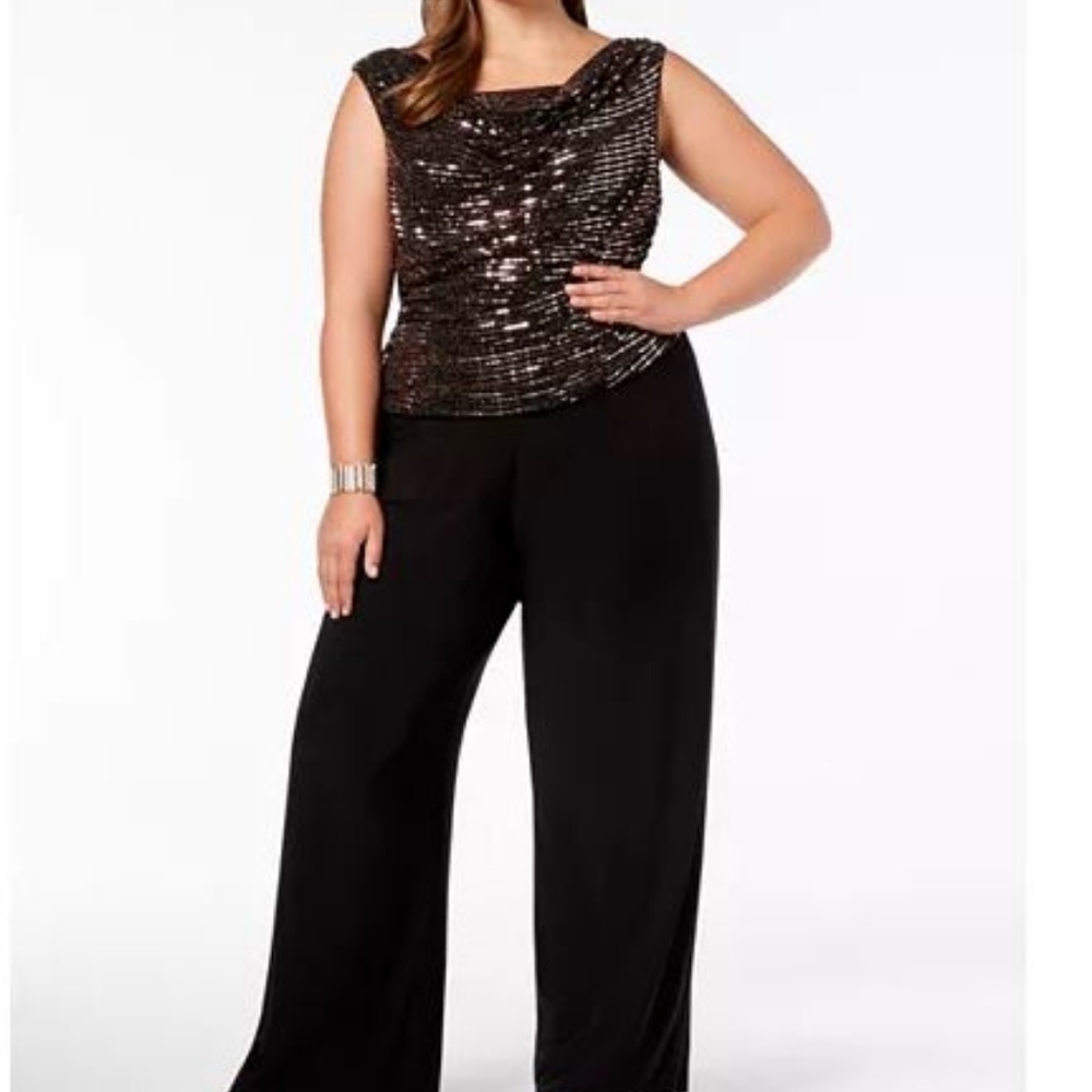 R&M Richards 16W Black Gold Sequined Jumpsuit